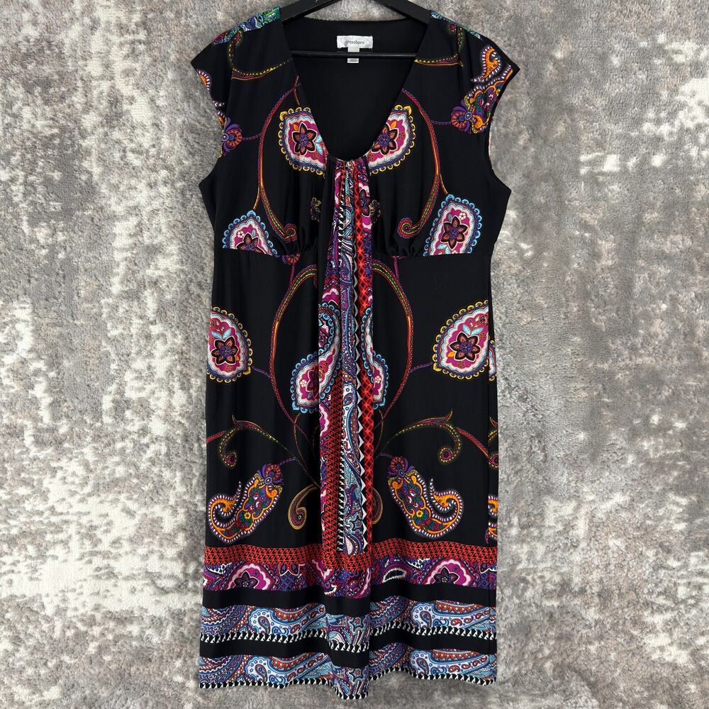 Dressbarn Size 14 Boho Colorful Midi Shift Dress Cap Sleeve V Neck